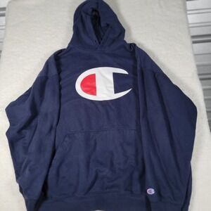 Champion Hoodie Mens 3XL Navy Blue Big Logo Pullover Sweatshirt Fleece RN135969